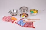 Stainless Steel Kids Play Set Toy Plastic Toys Fruit Basket Wooden Spoon Cookware