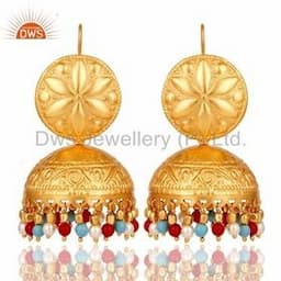 Indian Wedding Wear Traditional Gold Vermeil Brass Earring With Red Coral & Turquoise Gemstone Ethnic Jhumkas Wholesaler