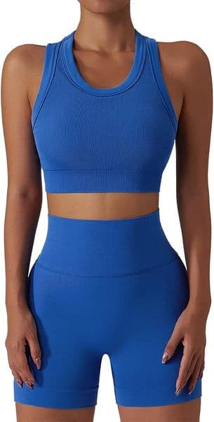 Workout Sets for Women 2 Piece Seamless Ribbed Tank Top Sport Bra High Waist Biker Shorts GYM Yoga Exercise Outfits