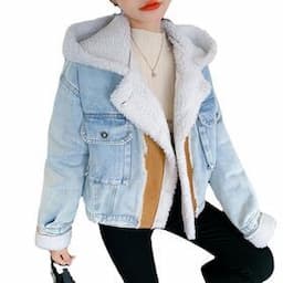 Spot Goods 2023 Winter New Lamb Wool Top Stitching Deerskin Velvet Denim Jacket Women's Hooded Cotton Clothing denim Coat