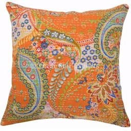 Home Decorative Pillow Cover Indian Ikat Fabric Kantha Pillow Case Sofa Throw Cushion Case  Hand Embroidered Cushion Cover