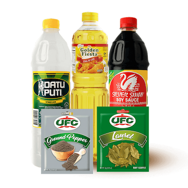 Datu Puti Vinegar, Golden Fiesta Palm Oil, Silver Swan Soy Sauce, UFC Ground Pepper, UFC Laurel